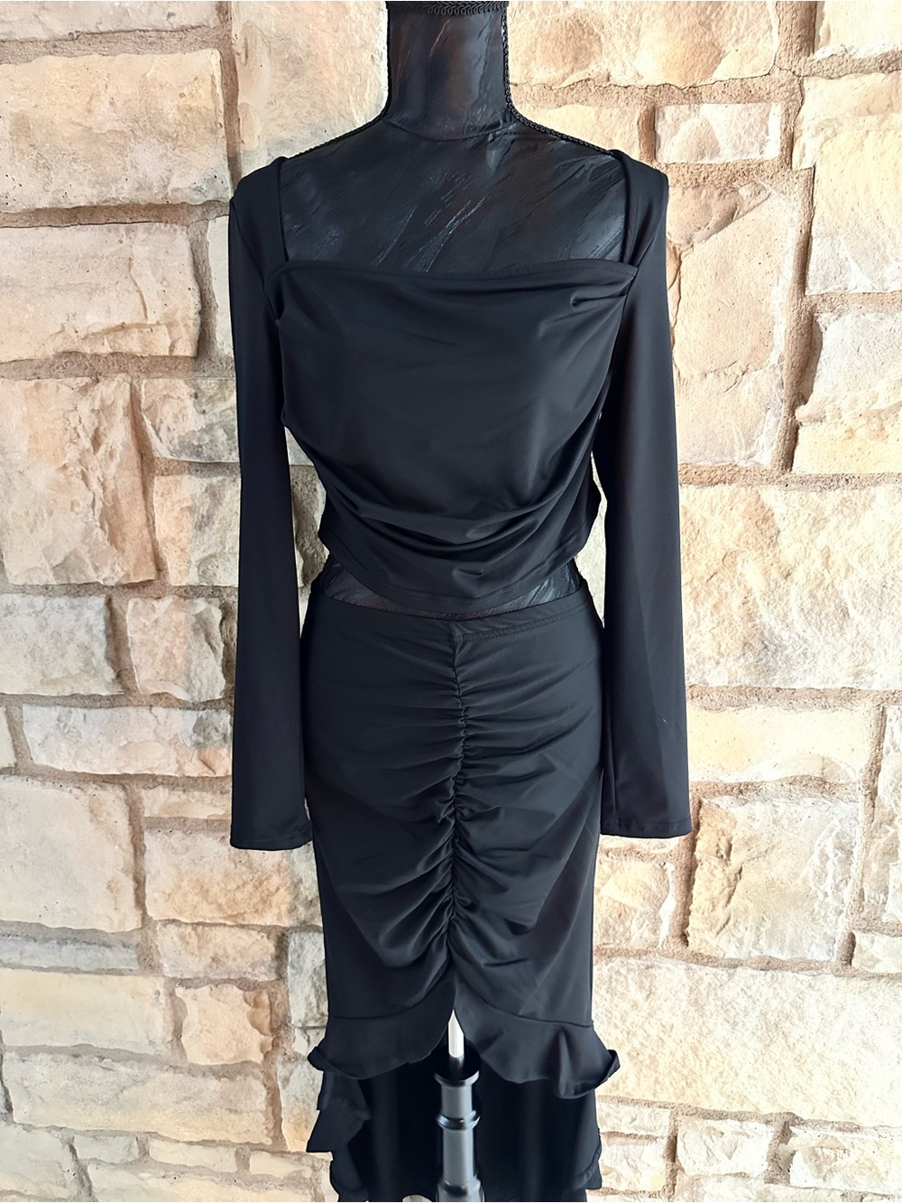 Black Draped Long Sleeve Ruched Midi Dress